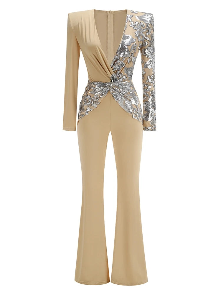 Sexy Deep V Neck Sparkly Diamonds Design Jumpsuit Women Long Sleeve Draped Wide Leg Jumpsuit Elegant Evening Club Costume Runway