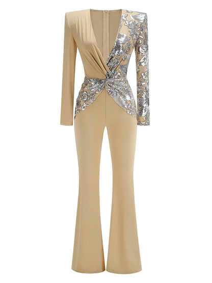 Sexy Deep V Neck Sparkly Diamonds Design Jumpsuit Women Long Sleeve Draped Wide Leg Jumpsuit Elegant Evening Club Costume Runway