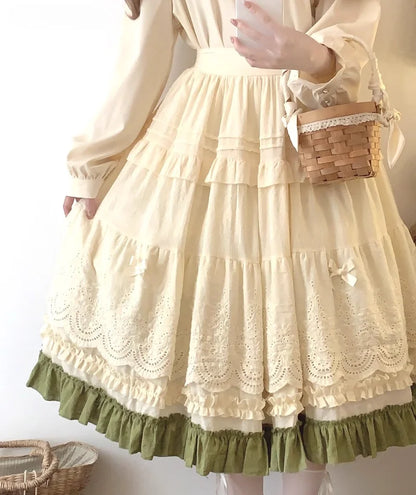 Mori Girl Style Lolita Midi Skirt Women Vintage Embroidery Lace Floral Bow Ruffles Long Skirts Female Prairie Chic Party Skirt.