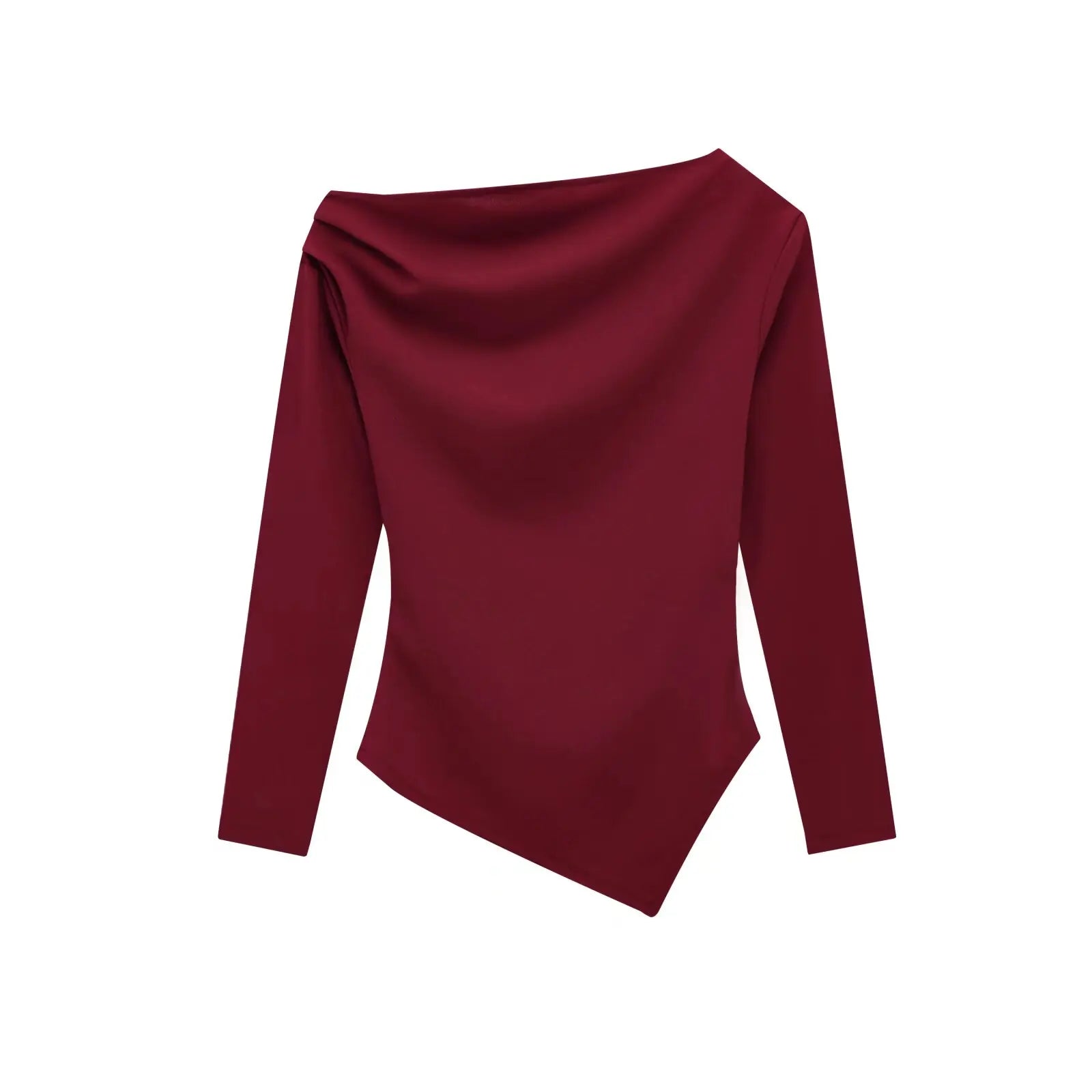 HH Women Fashion Solid 5-Color Asymmetrical Slant Collar Tops Female Spring Pleated Decoration Casual Slim Elasticity Top.