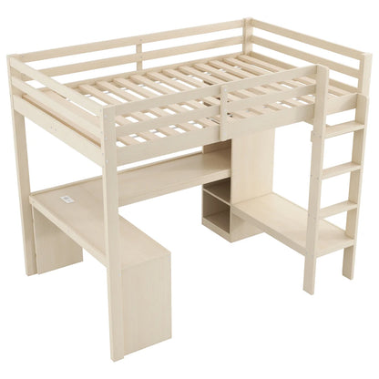 Modernes Kinder-Hochbett 140 x 200 mit Multifunktionsregalen, Unterbett-Schreibtisch, LED-Licht und USB, Kleiderschrank mit Stauraum, für Schlafzimmer