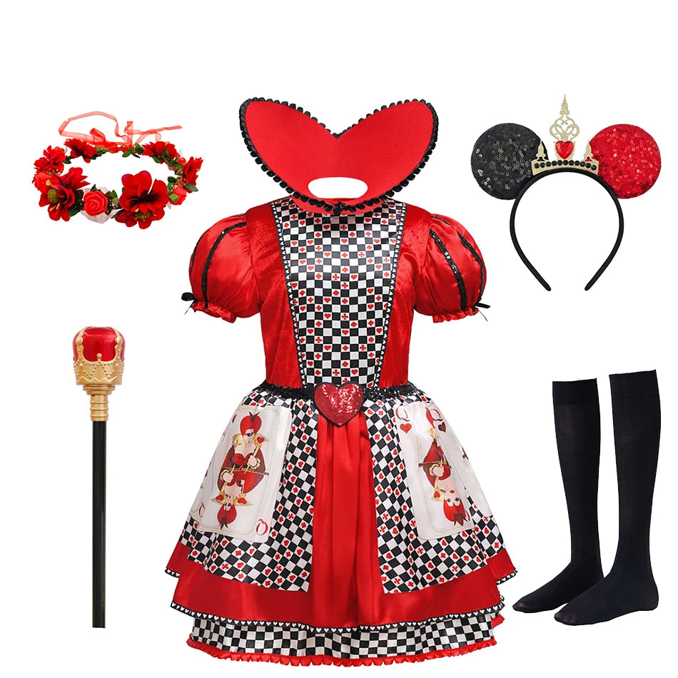 Kind Königin Der Herzen Rolle Spielen Prinzessin Kleid Alice Poker Cosplay Kostüm Mädchen Halloween Bühne Leistung Geburtstag Party Kleidung