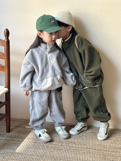 2025 Winter New Children Polar Fleece Sweatshirt Set Boys Girls Plus Velvet Thick Warm 2pcs Suit Kids Casual Sports Outfits