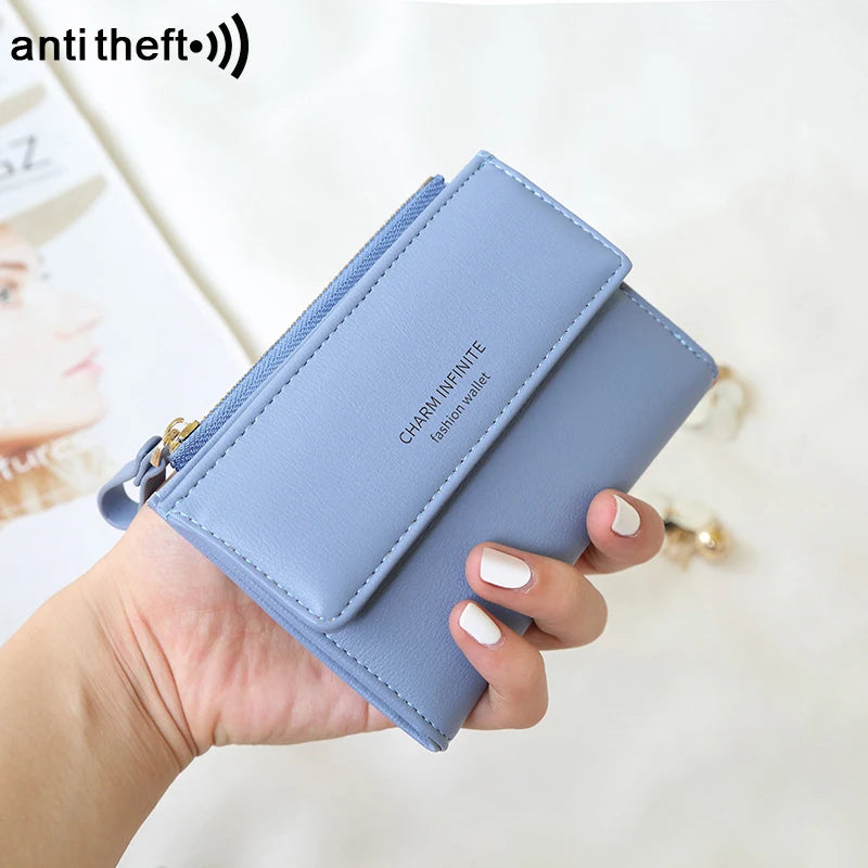 RFID Anti-Theft Short Card Bag for Women, Brush, PU, Solid Color, Zipper Buckle, Multi-functional Fashion, Small Purse.