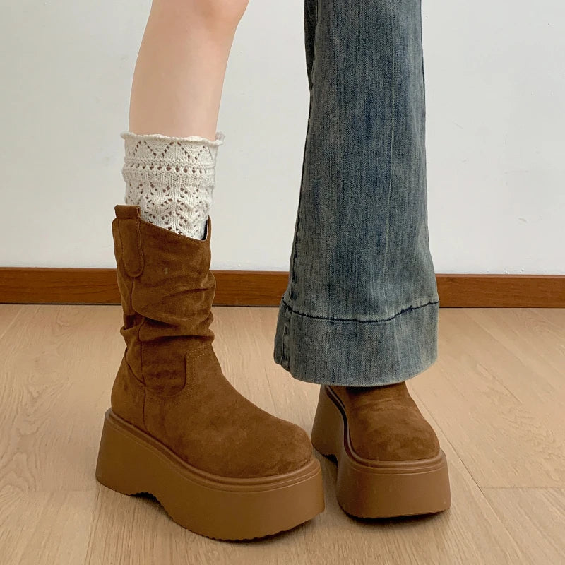 Chunky Platform Thick Sole Woman Ankle Boots Design Round Toe Slip On Shoes  2025 Autumn Winter Short Botas Para Mujer.