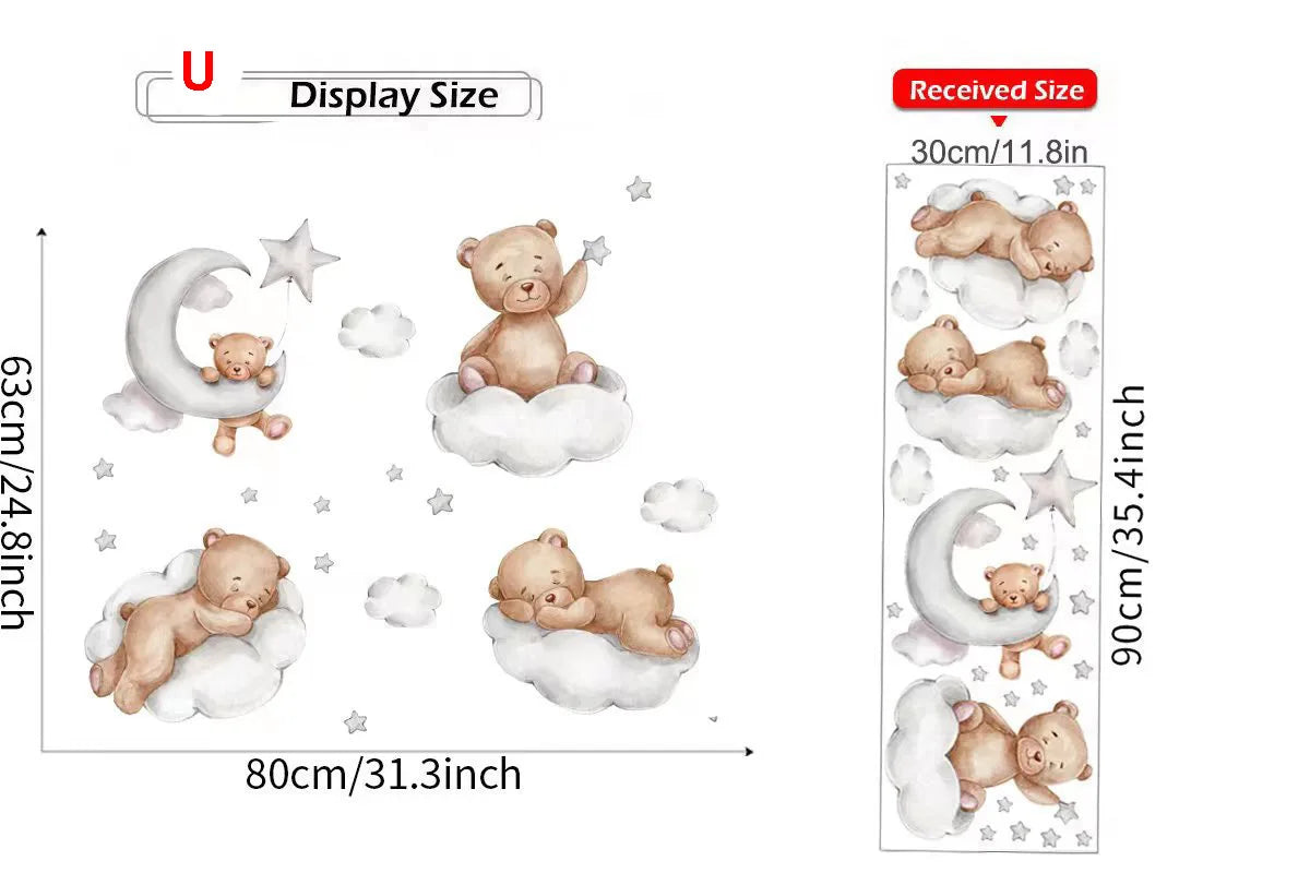 Cute Bear Moon Star Wall Stickers for Kids Rooms Girls Boys Baby Room Decoration Kawaii Cartoon Animal Nursery Wallpaper Vinyl