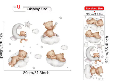 Cute Bear Moon Star Wall Stickers for Kids Rooms Girls Boys Baby Room Decoration Kawaii Cartoon Animal Nursery Wallpaper Vinyl