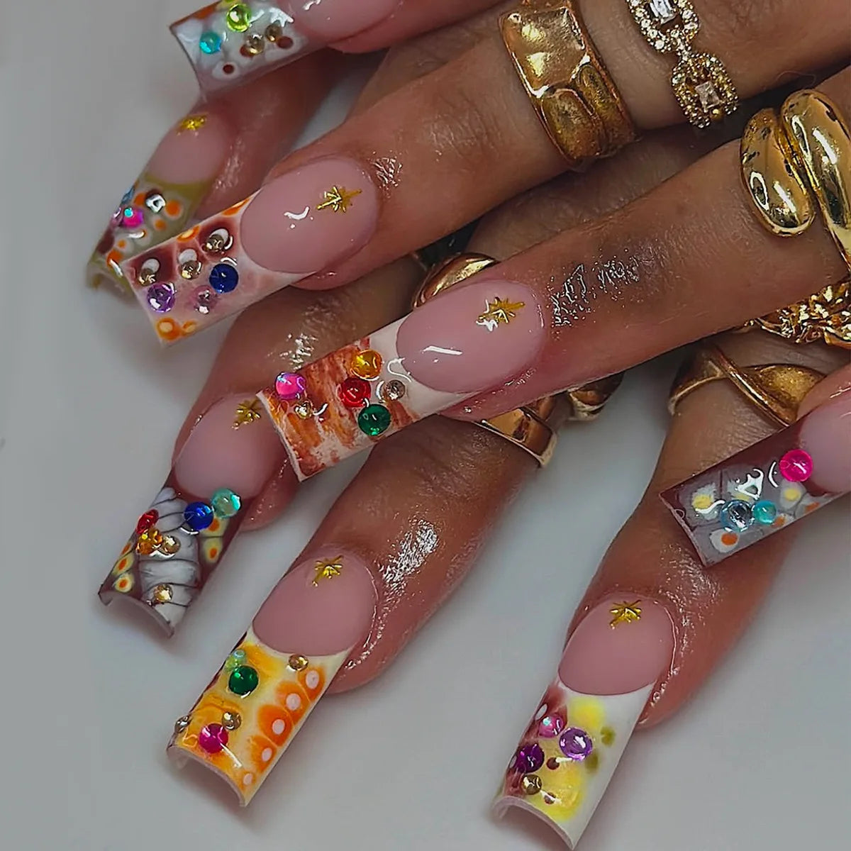 24Pcs Sweet Cool Spice Girl Press on Nails Black French Bow False Nails Y2k Star Glitter Diamond Nail Long Square Gel Fake Nails.