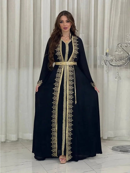 Eid Muslim Women Party Dresses Jalabiya 2 Piece Set Embroidery Arab Long Robe Ramadan Morocco Dubai Abayas Islam Vestidos Kaftan.