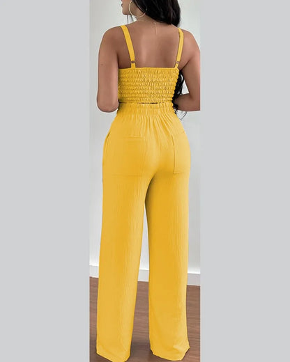 Women Fashion Print Halter V-Neck Short Tank Suit Tops Long Pants Matching Set Summer Casual Female Slim Pants Two Piece Sets