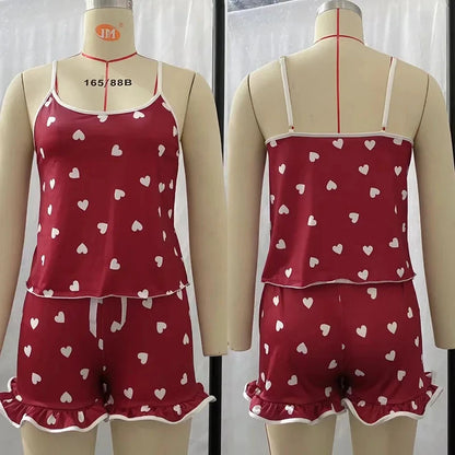 2025 sommer Pyjama 2Pcs Set Große Größe Weste Rüschen Shorts frauen Hosenträger Weiche Casual Nette Gedruckt Frauen pyjamas set Sexy Bogen.