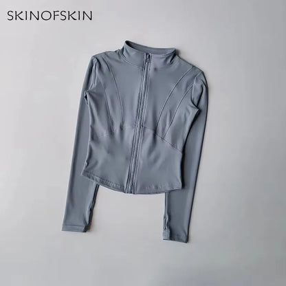 Outdoor Sports Long Sleeved Women Slim Yoga Clothes Quick Dry Zipper Cardigan Stand Up Collar Jacket Running Fitness Jacket Top.