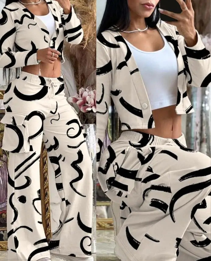 Women's Spring Summer New Fashionable Solid Color Printed Sexy Waist Short Top Casual Pants Set For Women