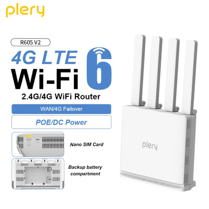 PLERY WiFi6 300Mbps 4G LTE CAT4 Outdoor Router Insert a Sim 2.4Ghz Wifi signal Router Wireless Extender amplifier plug and play.