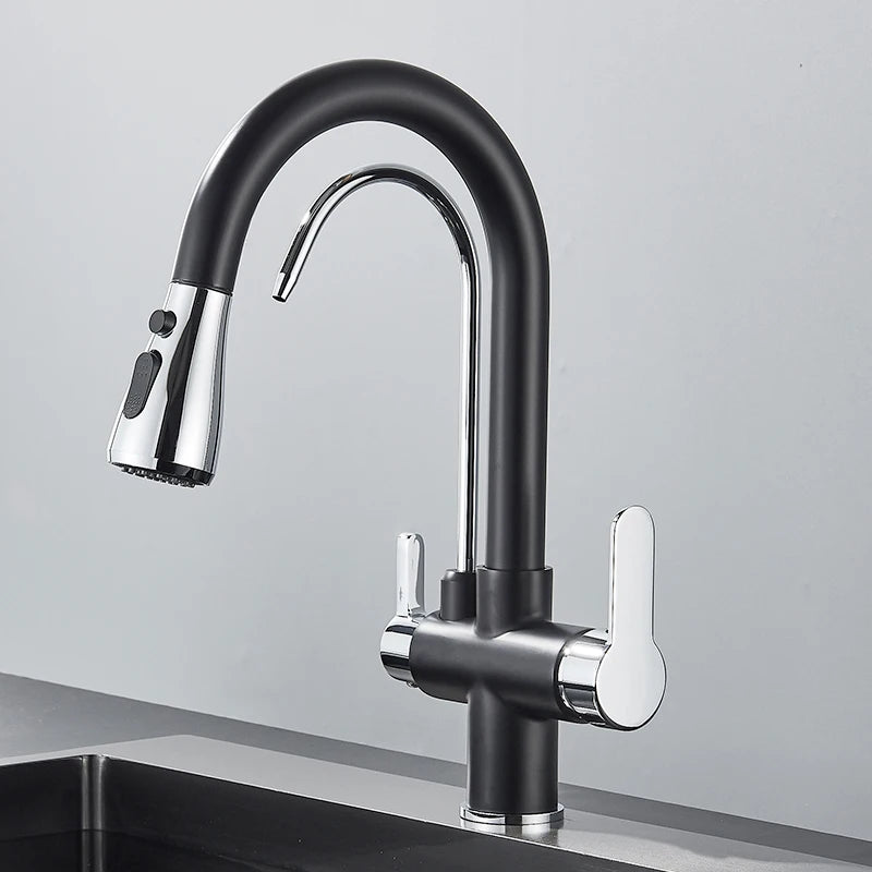 Quyanre Matte Black Filtered Crane For Kitchen Pull Out Spray 360 Rotation Water Filter Tap Three Ways Sink Mixer Kitchen Faucet