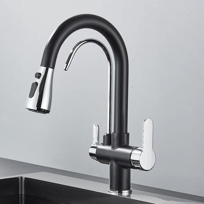 Quyanre Matte Black Filtered Crane For Kitchen Pull Out Spray 360 Rotation Water Filter Tap Three Ways Sink Mixer Kitchen Faucet