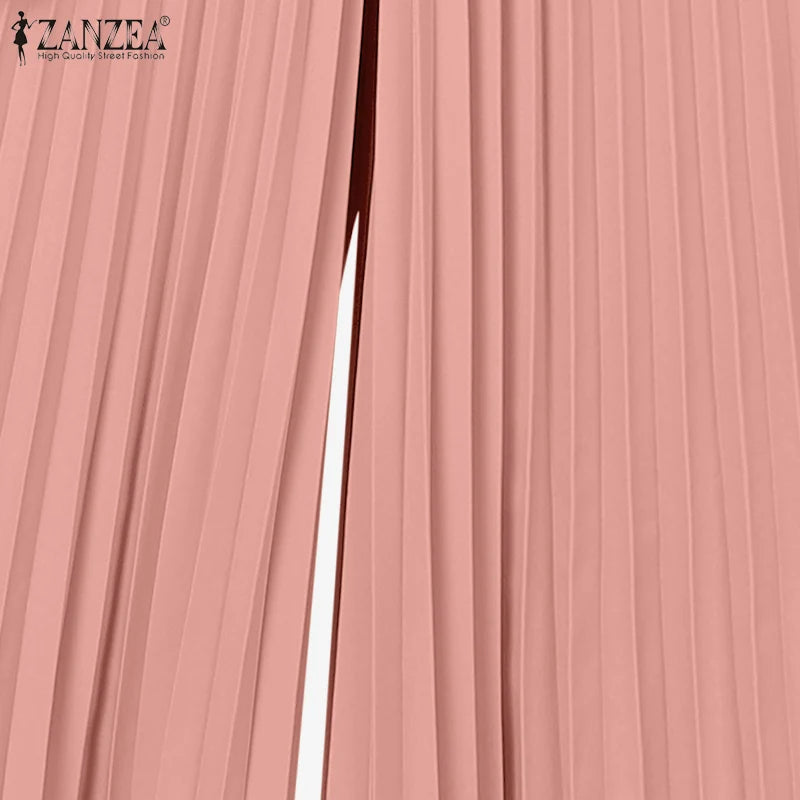 ZANZEA Muslim Women 2 Pieces Pant Sets Hijabis Casual Asymmetric Hem Long Sleeve Blouses & Pleated Pants 2pcs Suits Outfits