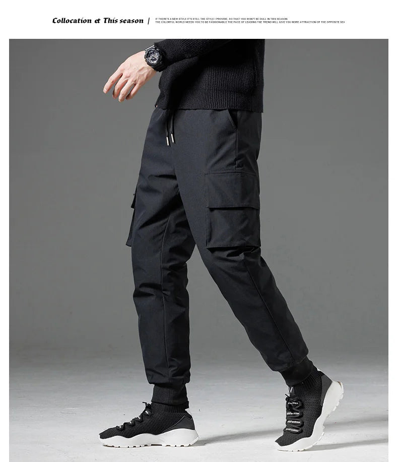 Winter Down Pants Men's Casual Waterproof Zipper Pocket Thick 90% Duck Down Cargo Pants Male Jogger Outdoor Warm Sports Pants.