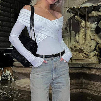 New Solid Sexy Off Shoulder Bodysuits Women Fashion Crossed Folds Skinny Rompers Long Sleeve Fashion Streetwear Autumn Bodysuits.