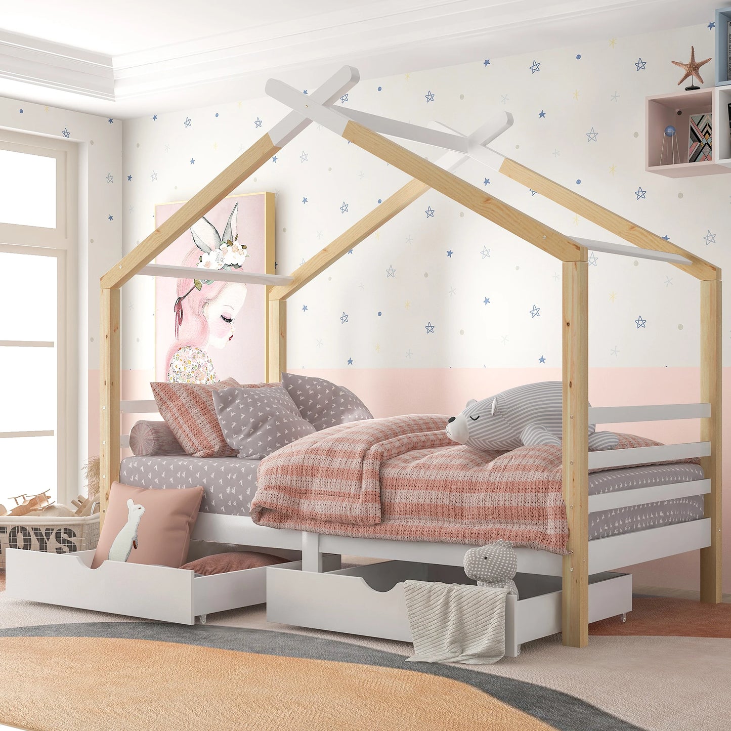KOMHTOM Kinderbett Hausbett 90x200 cm, Massivholz Kiefernholz mit Schubladen und Lattenrost