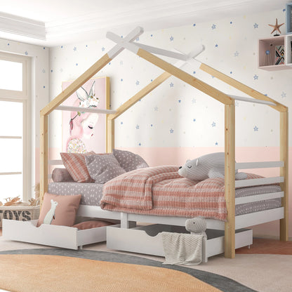 KOMHTOM Kinderbett Hausbett 90x200 cm, Massivholz Kiefernholz mit Schubladen und Lattenrost