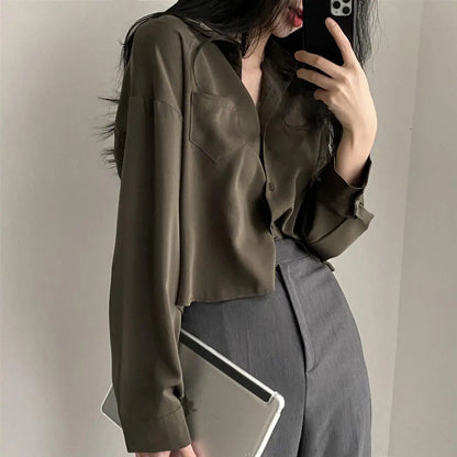 Long Sleeved Shirt And Blouse Simple Single Breasted Loose Casual Solid OL Trend Short Top Simple Elegant Fashion Women Clothes.
