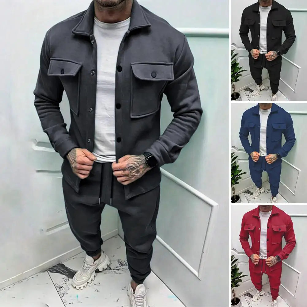 Men Two-piece Suit Set Winter Thick Warm Casual Suit Outfit Long Sleeve Coat Long Trousers Set Fashion Men's Activewear Outwear.