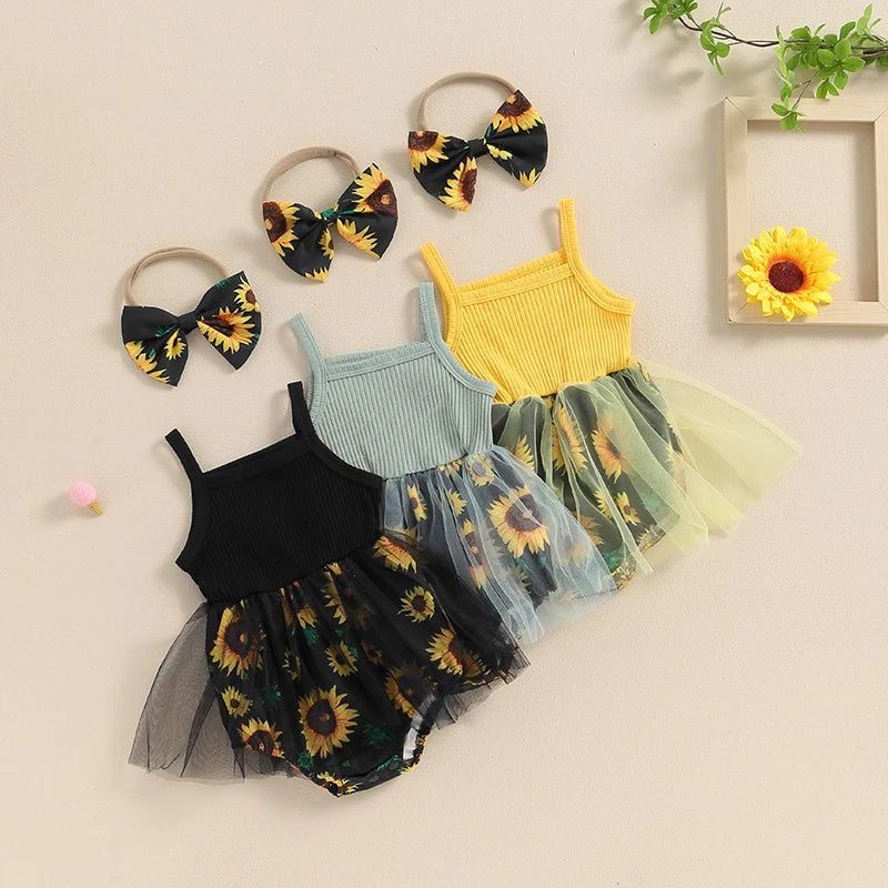 Baby Stram pler Kleid Sonnenblumen Print Spaghetti träger Tüll Rock Saum Baby Body suits Overall Sommerkleid ung mit Stirnband.