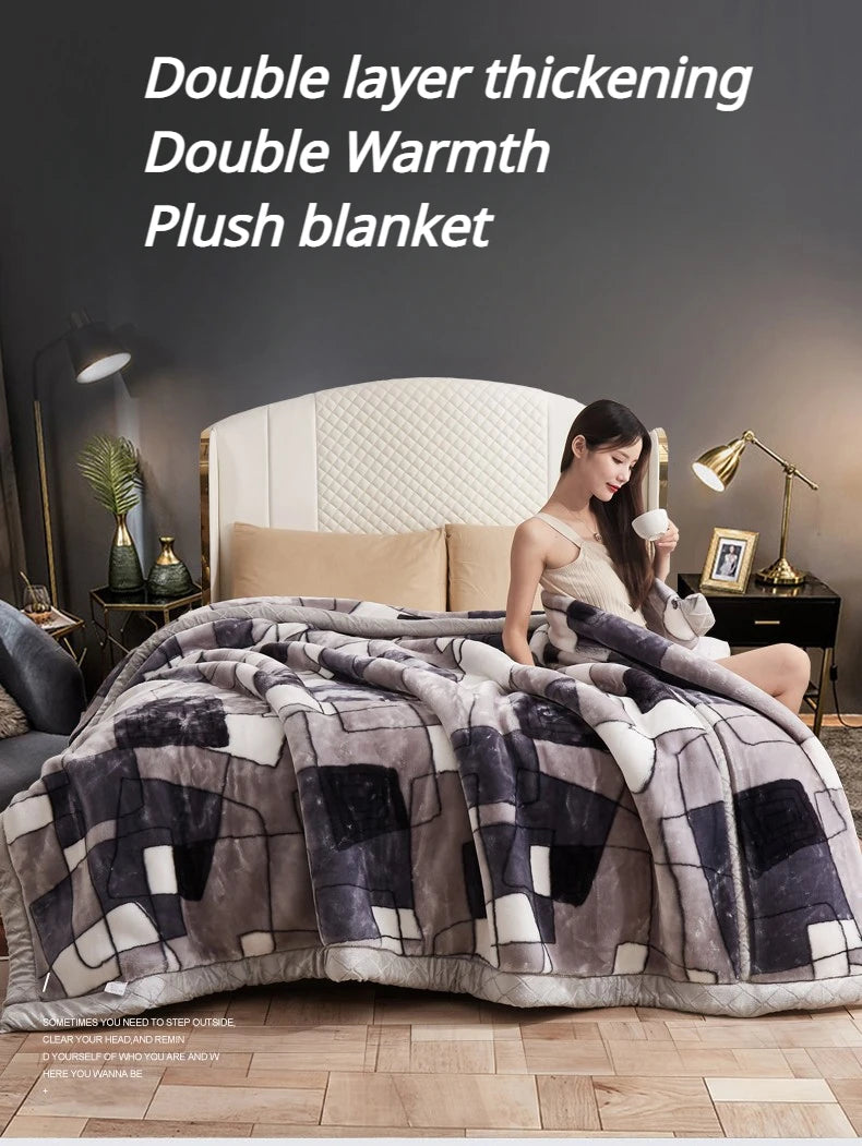 Double-layer Thick Plush Blanket Warm Skin Friendly in Winter Quilt Multiple Non Shedding Prints High Quality Bedding Article.