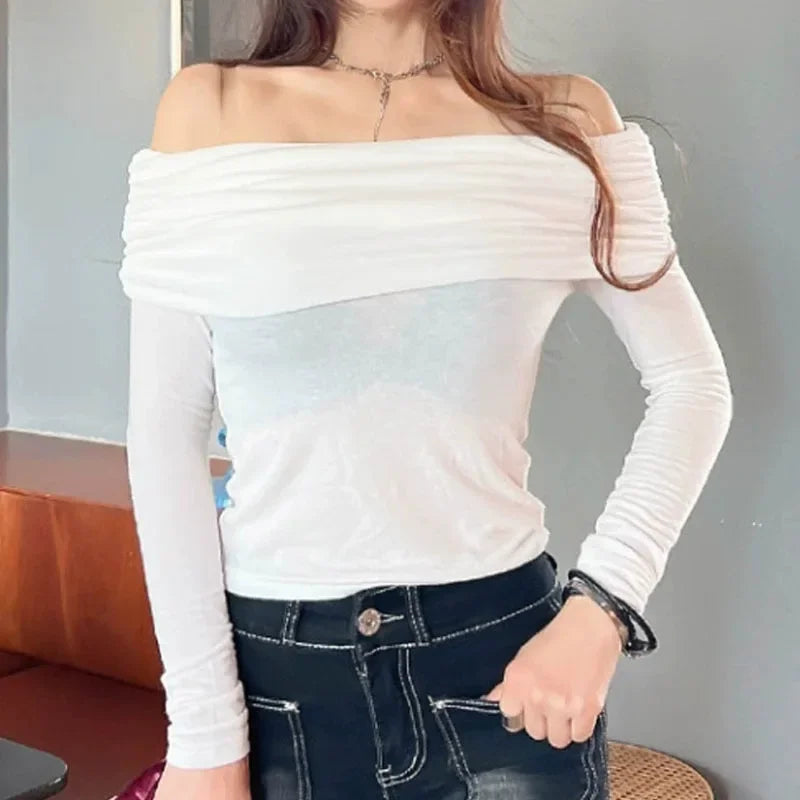 Korean Dongdaemun Spring Summer New Style Elegant One Shoulder Pleated Thin Long Sleeve Slimming Fit Cotton T-Shirt.