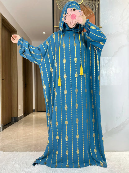 New Cotton Ramadan Muslim Two-Hat Abaya Dubai Turkey Islam Prayer Clothes Gold Dust   Dress Islam Women Dress Kaftan.