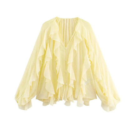 Women Fashion With Ruffles Semi-sheer Blouses V Neck Long Sleeve Button-up Female Shirts Chic Tops.