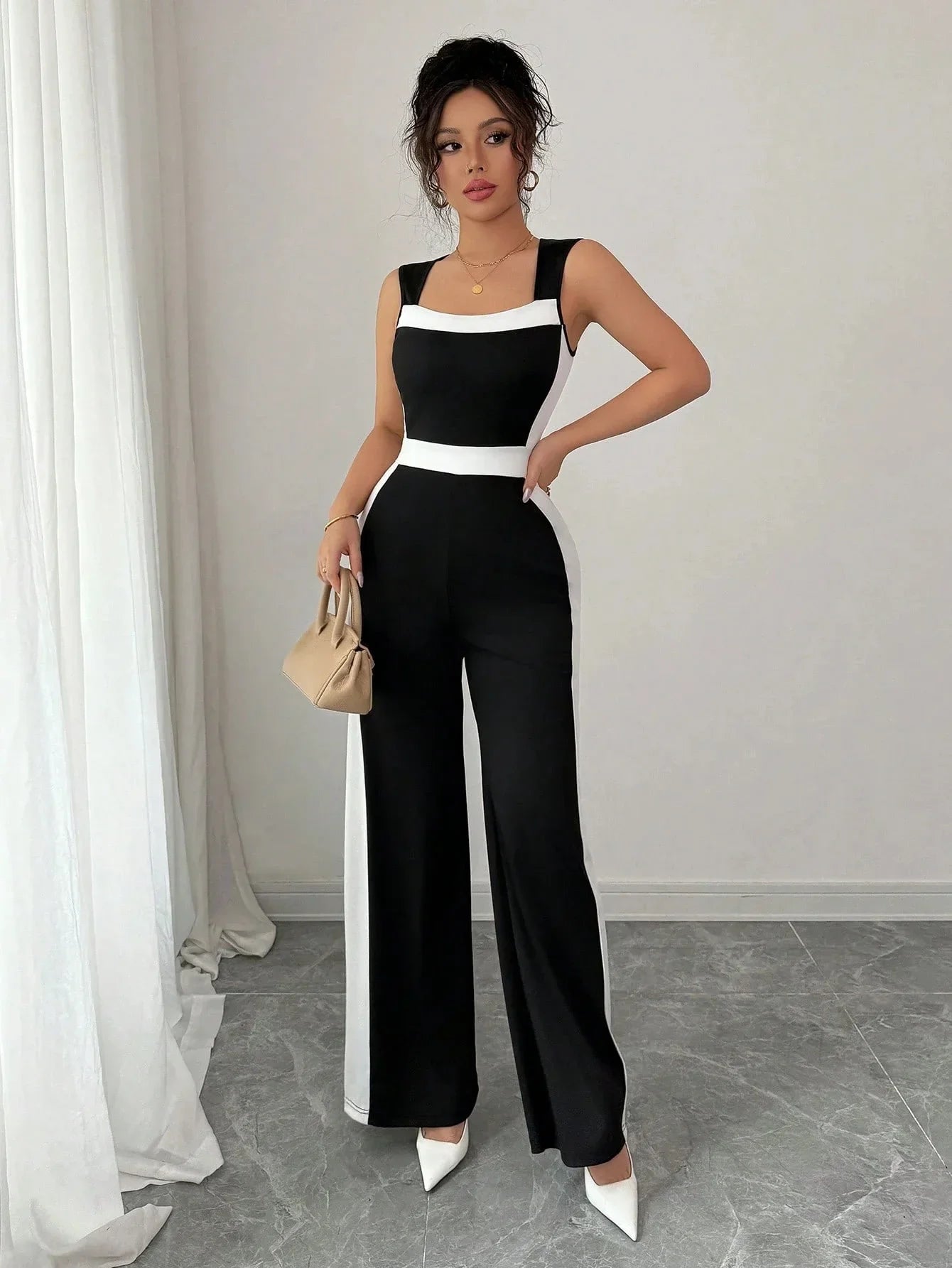Elegant Color Block Wide Leg Jumpsuit Sleeveless Women's Spring Summer Vacation Style Cross-Border Fashion Ladies' Outfit.