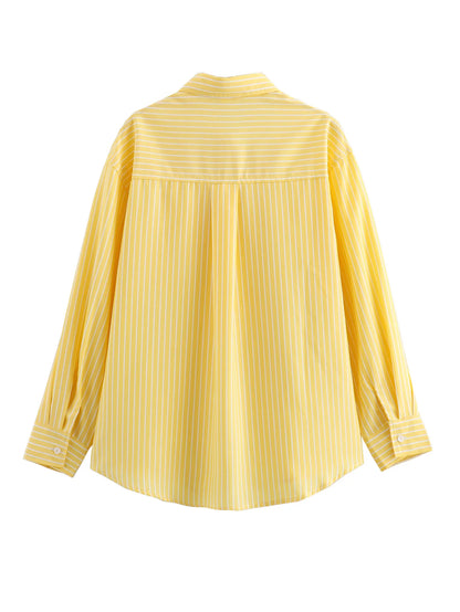 2024 Autumn Women Elegant Stripe Long Sleeves Casual Shirt For Woman Lapel Single-Breasted Loose Slim Blouse Top Streetwear.
