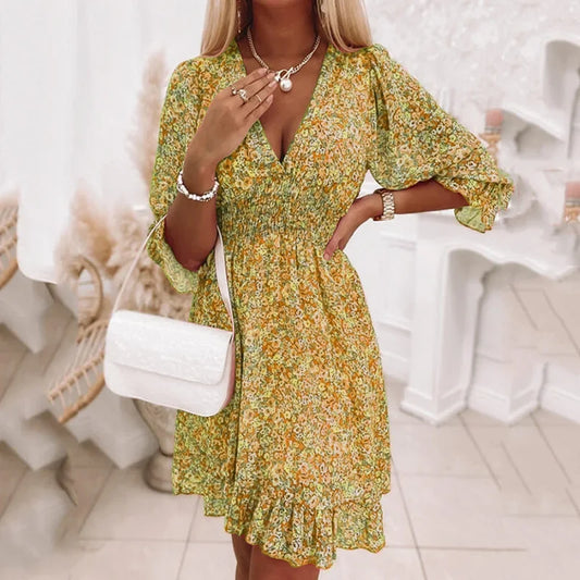 Blumendruck-Kleid für Damen, V-Ausschnitt, kurze Ärmel, A-Linie, elegantes Kleid, Damenpullover, Sommer, kurze böhmische Partykleider.