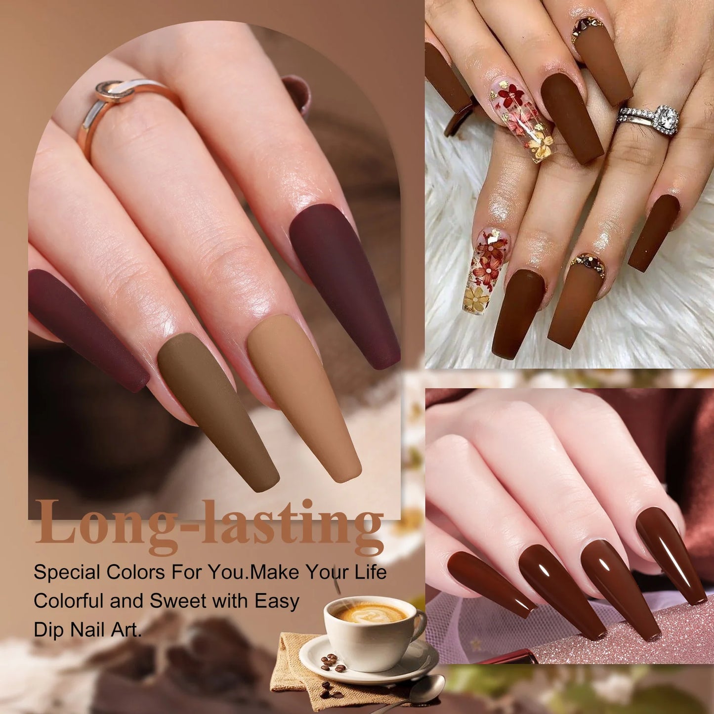 6 colors Dip Powder Set Brown Coffe Color Nail Powder Dipping Nail Powder Nail Art Manicure DIY Salon No Need Lamp Cure.