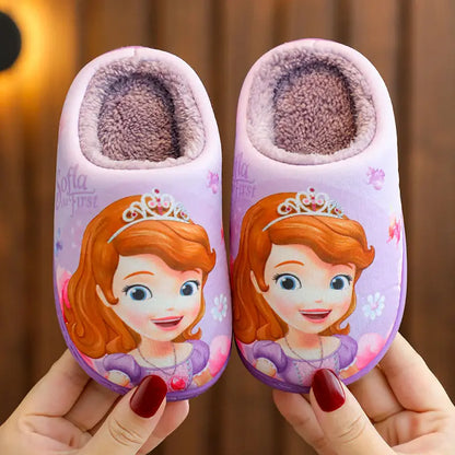 Disney Princess Elsa Winter Children's Heel Cotton Slippers Girls' Warm Frozen Kids' Cotton Black Purple Flats Shoes Size 24-40
