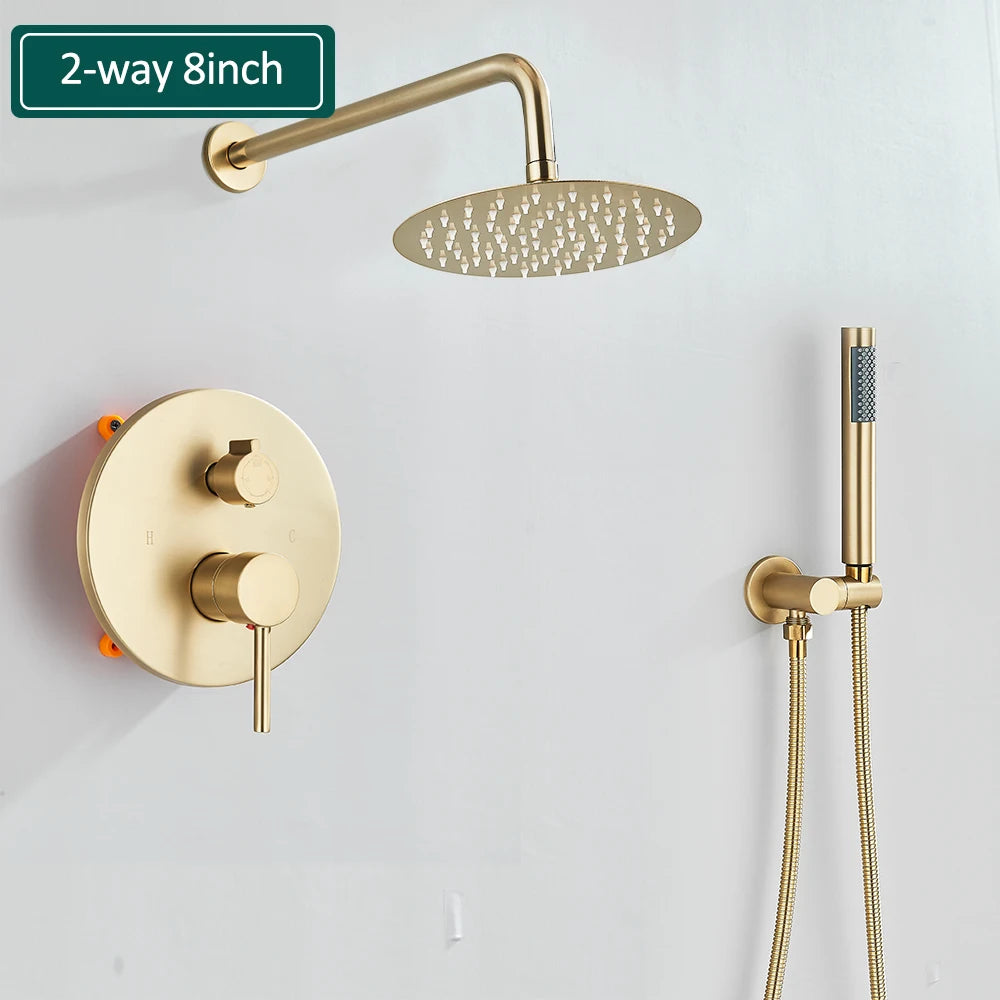 Brushed Gold Shower Faucets Set Rainfall Shower System Concealed Hot Cold Water Mixer Tap Bathroom Round Shower Faucet