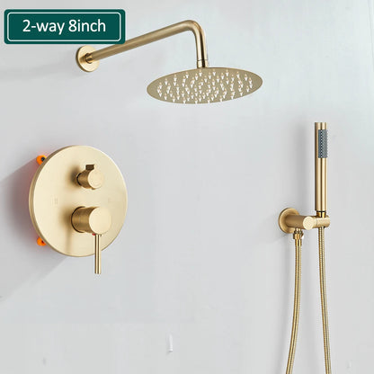 Brushed Gold Shower Faucets Set Rainfall Shower System Concealed Hot Cold Water Mixer Tap Bathroom Round Shower Faucet