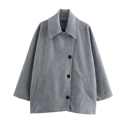 ZBZA Damen Schräge Knopf Lose Fledermausärmel Jacke Mantel Revers Langarm Doppeltasche Warm Solide Farbe Vintage Oberbekleidung Herbst Winter Neue Weibliche Chic Mantel