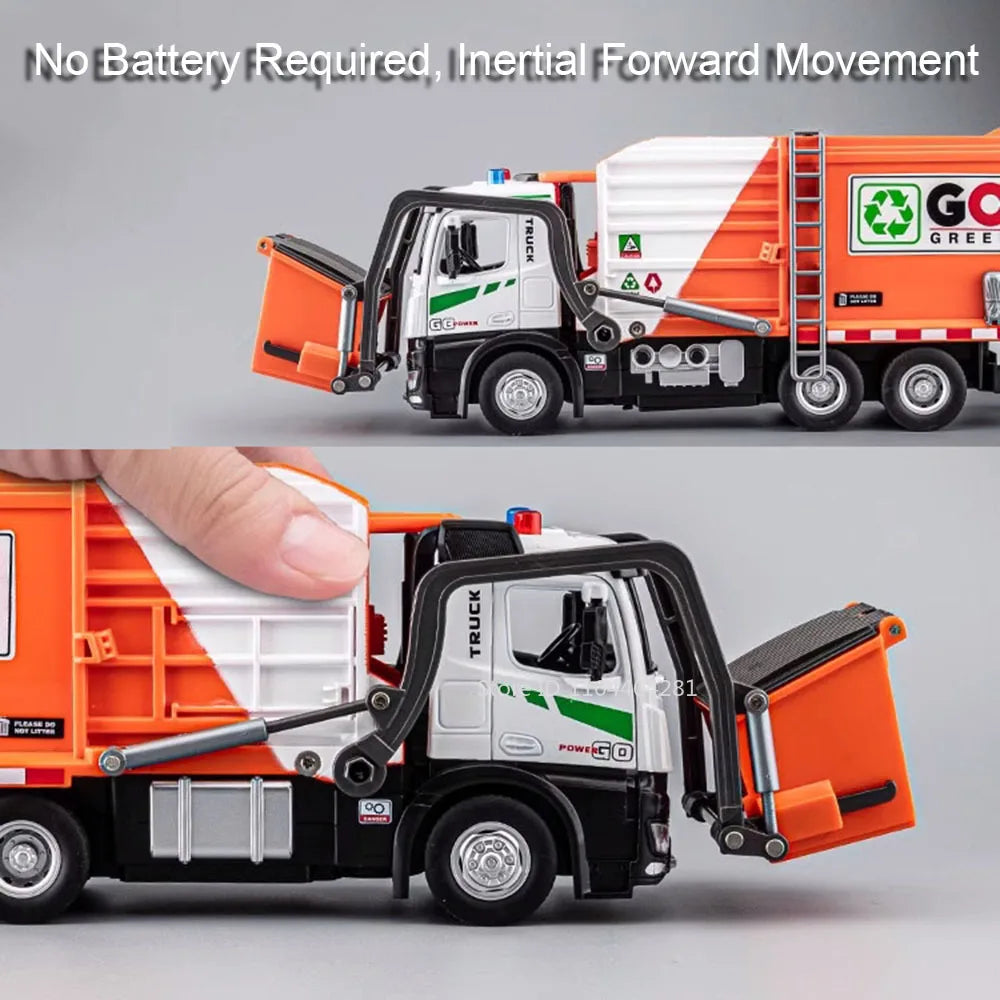 1:18 Electric Sanitation Garbage Truck Toy Cars Model Alloy Water Tanker Diecast Light Sound Vehicle Children's Educational Toys.