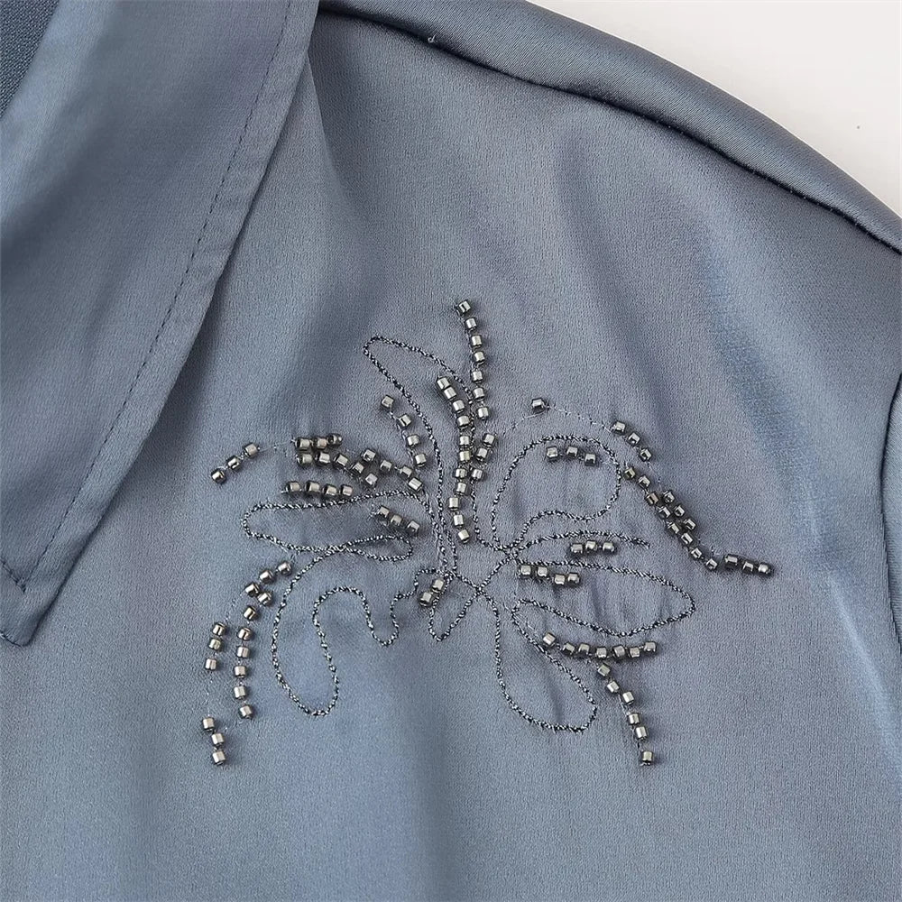 Summer New Product Women's Style Flip Collar with Beaded Embroidered Shirt, High Waist Straight Leg Pants Set.