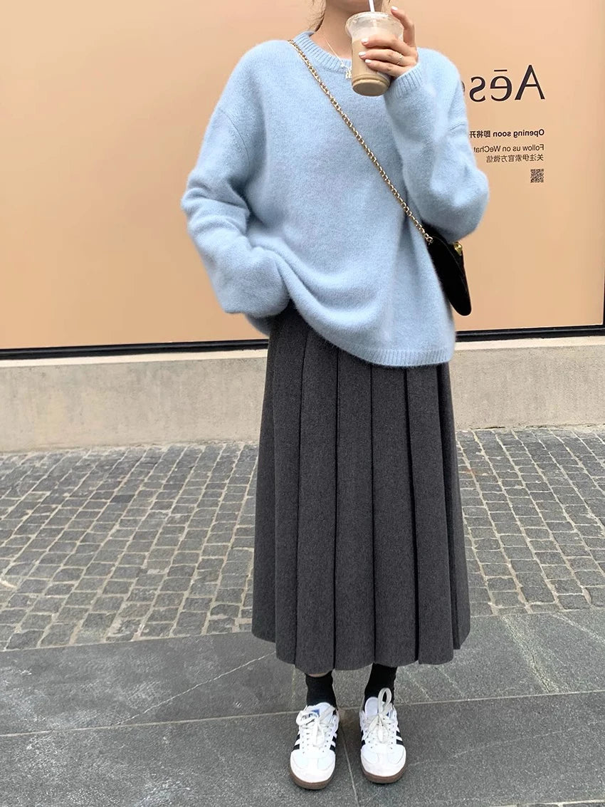 Thick Hepburn Style Woolen Pleated Skirt High Waist Slimming Casual Half Skirt Women Autumn Winter Unique Long Skirt.