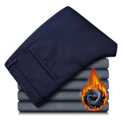 Winter Casual Men Classic Style Business Warm Plush Trousers Regular Thick Fur Pants Male Fleece Elastic Straight Formal Pants