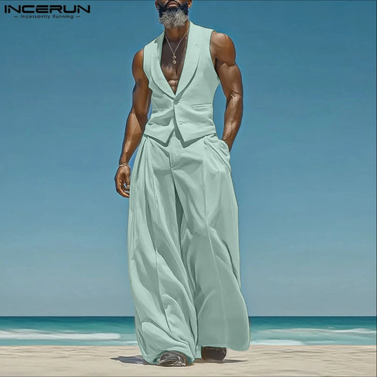 INCERUN Summer Men's Sets Solid Color Sleeveless Tops Tee Buttons Summer Long Pants Male Two-piece Suits Streetwear 2PCS S-5XL.