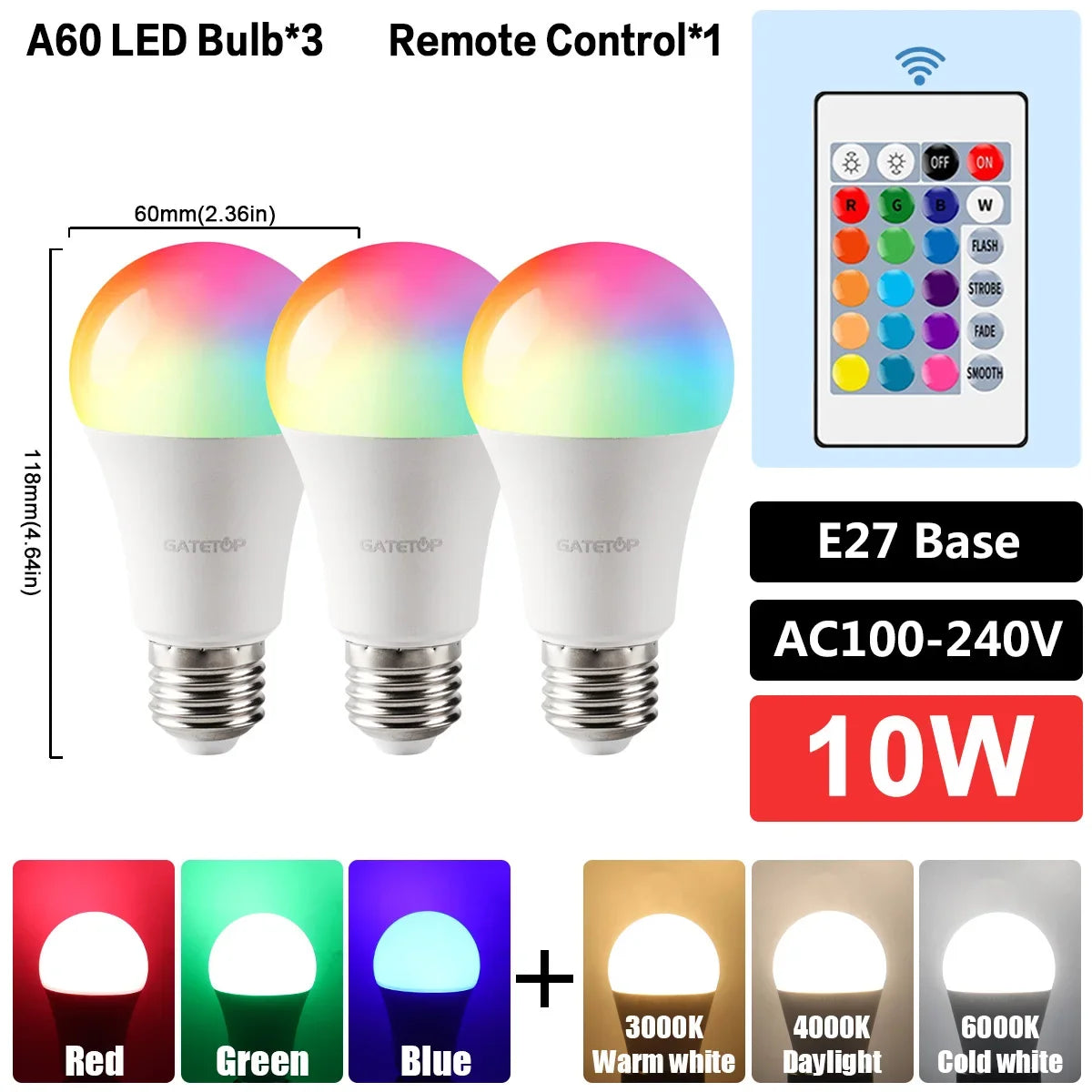 E27 RGB LED Bulb Base 24 Key Remote Control Dimmable 10W RED Blue AC220V 110V Colorful Change for Bedroom Living Room Desk Lamp.