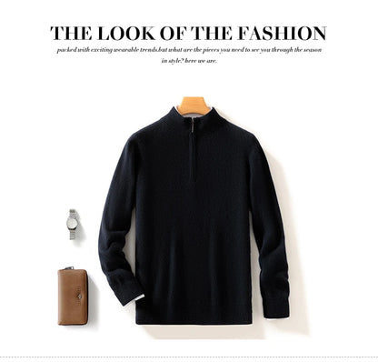 Autumn Winter Men's 100% Merino Wool Sweater Mock Collar Half Zip Knitted Pullover Cashmere Sweatshirt Casual Long Sleeved Tops