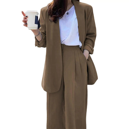 Wide Leg Suit Pants Set Elegant Women Business Suit Set Cardigan Jacket High Waist for Professional Lady Formal Coat Pants Set.
