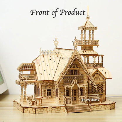 3D Wooden Puzzle Villa House Royal Castle with Light Assembly Toy Kid Adult DIY Model Kits Desk Decoration for Gift.