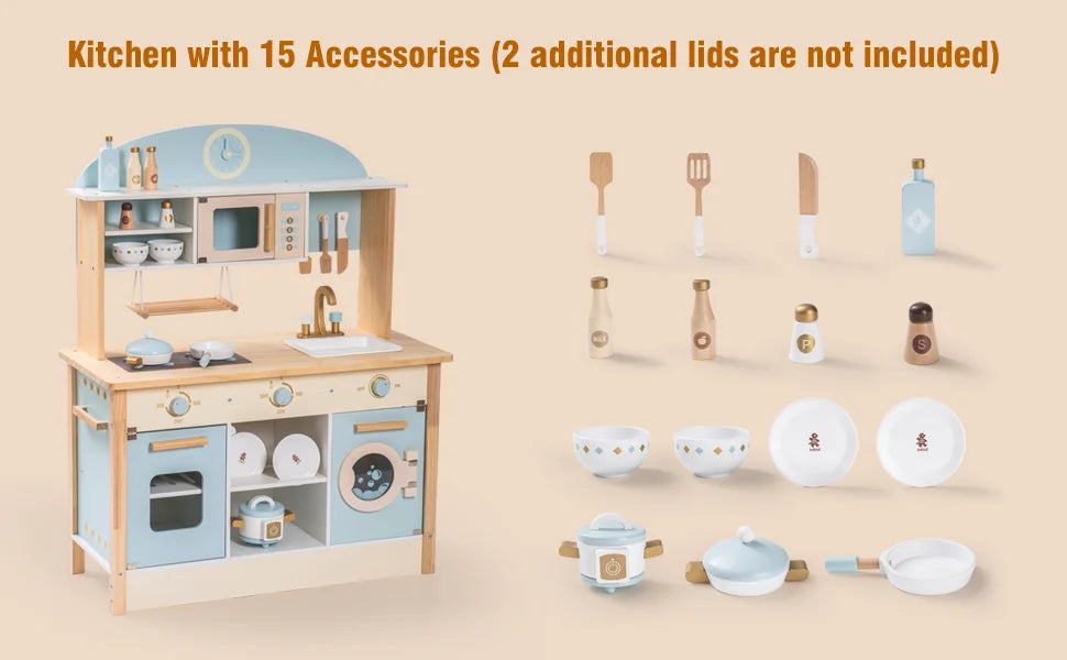 Robotime Robud Wooden Kitchen for Kids Play Kitchen with Plenty of Play Features Toddler Kitchen Set Gift for Girls Boys 3+.